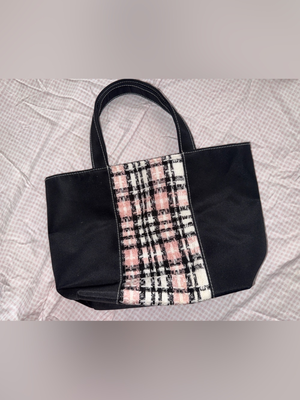 Mini Lancome Black Tote with Pink Plaid Center Panel